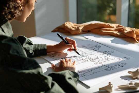 Fashion designer sketching apparel designs on paper with a pen, focusing on creative process and professional work. Designer at table with fabric and sketches shows industry design workspace