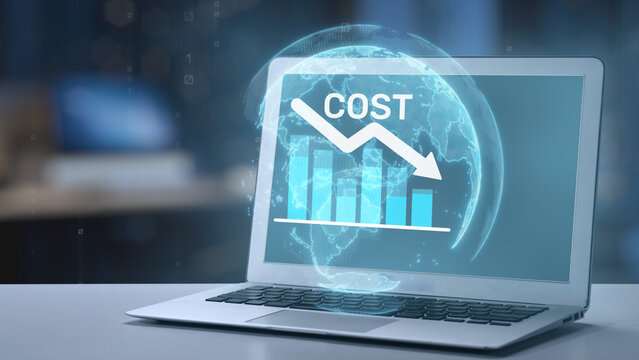 Visual representation of cost analysis with a declining graph on a laptop screen, emphasizing financial trends and data visualization in a modern business environment. Salient