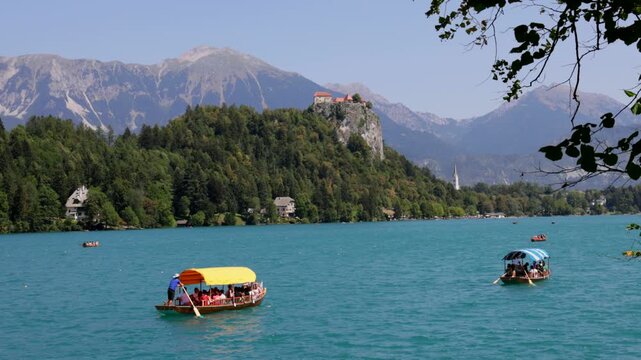 Blejski grad Castle, sightseeing boats, Lake Bled, Blejsko jezero, Bled, Slovenia