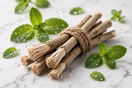 Natural Arak Miswak Toothbrush Twigs Tied with Jute Rope and Fresh Mint
