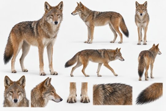 Detailed coyote reference sheet showing multiple wildlife poses and fur details