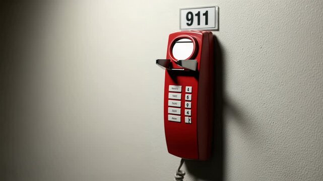 Hand Reaching for Red 911 Emergency Phone on Wall