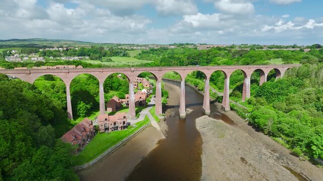 Larpool Viaduct from a drone, Viaduct in Whitby, River Esk, North Yorkshire, England, United Kingdom