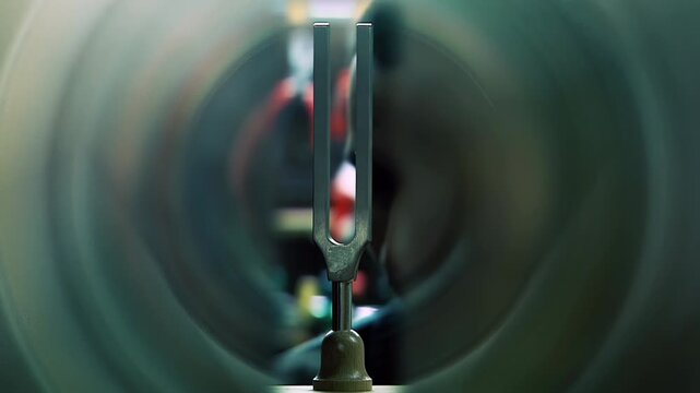 Close Up of Tuning Fork Vibrating with Conceptual Radial Sound Wave Effect - 4K