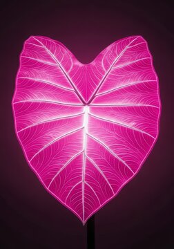 Single giant taro leaf in intense neon pink with luminous silver veins, showcasing a glossy surface and minimalist high-contrast design, dreamlike, luxury, glowing