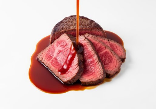 Sliced premium wagyu beef steak reveals a luminous hot pink marbled core as dark savory jus flows around it on a clean white background, butcher, appetising, wagyu