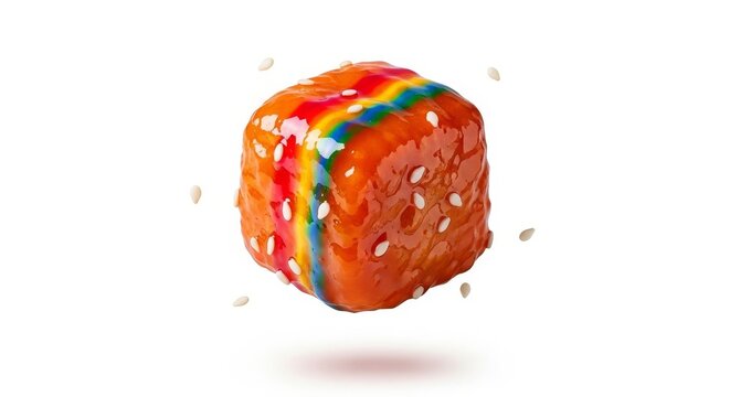 Single glossy orange chicken cube floats with sticky vibrant glaze reflecting a rainbow spectrum while white sesame seeds scatter around it, orange, snack, conceptual