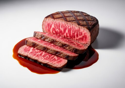 Sliced premium wagyu beef steak reveals a luminous hot pink marbled core as dark savory jus flows around it on a clean white background, fat, ribeye, pink