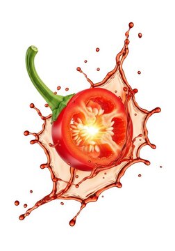 Sliced red chili pepper floating in mid-air reveals a glowing lava core. Vibrant spicy oil splashes dynamically against a white backdrop, seasoning, fiery, white