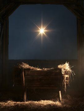 a conceptual nativity scene with an empty wooden manger beneath a bright, radiant star that symbolizes anticipation and hope