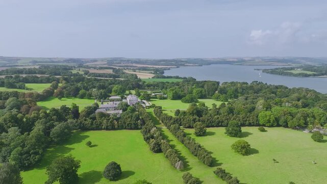 Antony House from a drone, Woodland Garden and Woodland Walk, Torpoint, Cornwall, England, United Kingdom