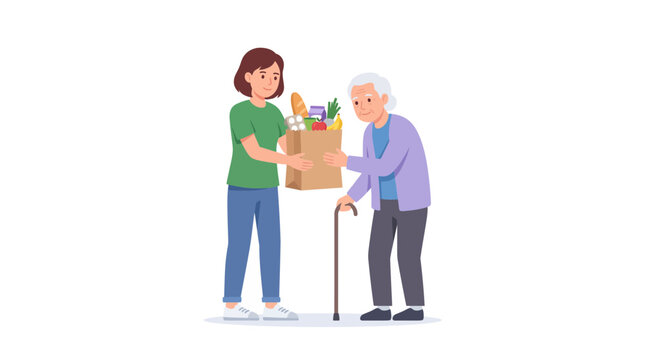 A volunteer hands a bag filled with groceries to an elderly woman using a walking cane, showing kindness and community support during everyday charitable activities and compassionate outreach