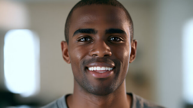 Smiling and cheerful, a young adult with African American ethnicity is standing in the home office background. He is looking at the camera, looking happy and confident. He is posing for a headshot wit