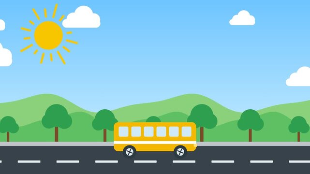 Yellow School Bus Driving on Sunny Day Landscape