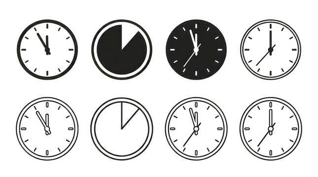 Eight different analog clock designs