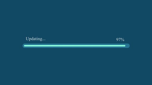 Motion graphic of cyan updating progress bar reaching 97 percentage completion on dark blue background, depicting software update and system upgrade.
