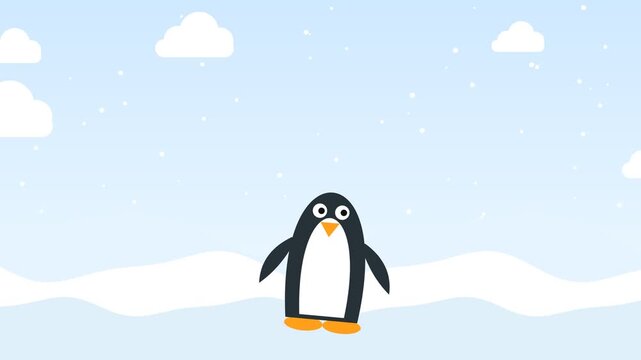 Animated Penguin Waving Flappers on Snowy Background