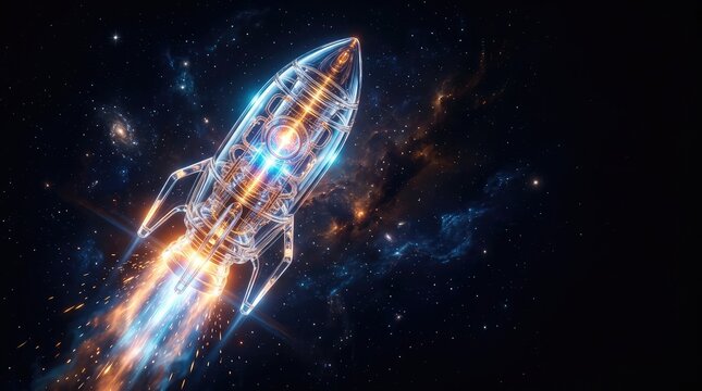 A crystal clear glass rocket engine glows from within, representing innovation and a dynamic business startup launching into the future, physics, new, fiery