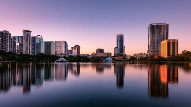 on Eola Lake, the downtown skyline of Orlando, Florida, USA, was photographed without any logos or brand identifiers, adhering to a 16:9 aspect ratio