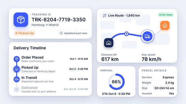 Animated Logistics Tracking Dashboard showing Parcel Delivery Progress and Live Route Map, isolated on solid background
