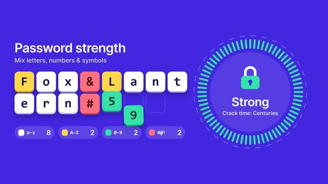 Password Strength Meter Animation Showing Security Levels from Weak to Strong, Isolated on Solid Background