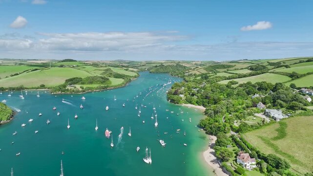 Salcombe and Mill Bay over Kingsbridge Estuary from a drone, Batson Creek, Southpool Creek, Devon, England, United Kingdom