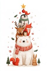 Fototapeta premium Hand-painted winter animal friends gathered around a polar bear