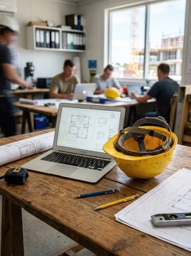 A hard hat rests on a wooden desk beside an open laptop within a bustling construction office. Plan drawings and tools are nearby, corporate, equipment, interior