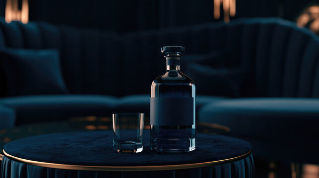 Luxury liquor bottle beside empty glass on dark lounge table with blue velvet seating and warm ambient lighting