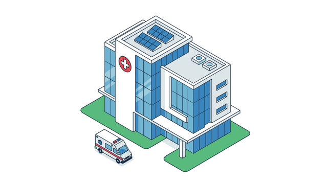 Isometric modern hospital building with ambulance vehicle and solar panels isolated on white background