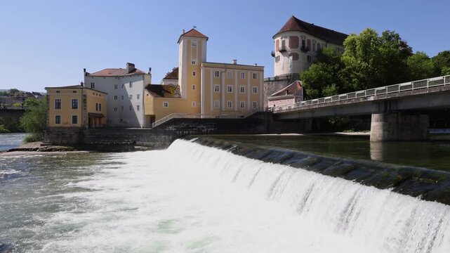 Waterfall on the River Enns with water tower and Lamberg Castle, Steyr, Upper Austria, Austria