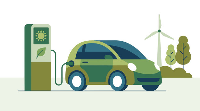 Green electric vehicle charging at power station with wind turbine and sustainable energy concept