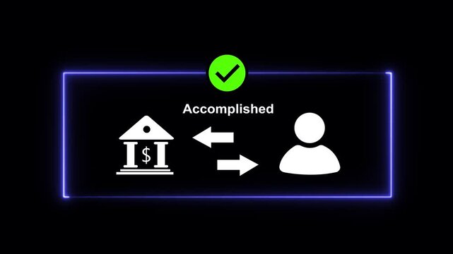 Digital banking transaction success animation featuring a bank and user profile with a glowing green checkmark symbol representing accomplished financial transfers and secure online payment processing