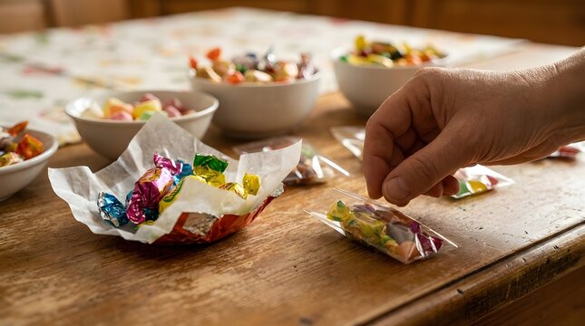 Close-up of a person's hand sorting and packing various colorful wrapped candies into small transparent plastic bags on a rustic wooden table, preparing treats or party favors for an event.