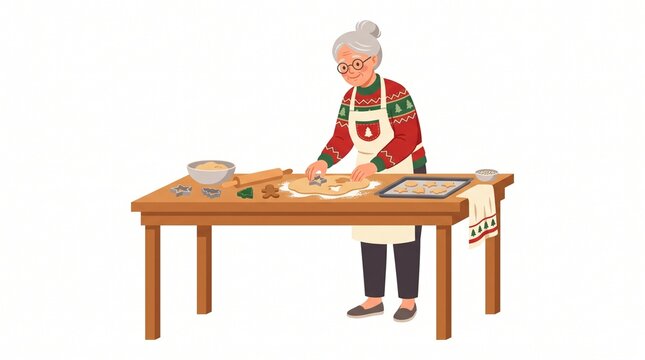Senior woman baking Christmas cookies at kitchen table