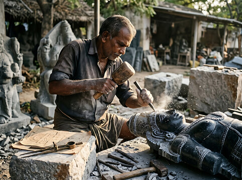 Skilled artisan hand carving intricate stone statue in traditional