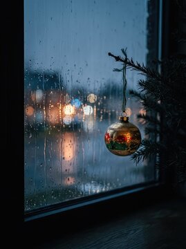 A solitary worn ornament hangs near a cold, unlit Christmas tree, viewed through a dark room. Rain streaks down the windowpane, reflecting dim lights, memory, bare, sadness