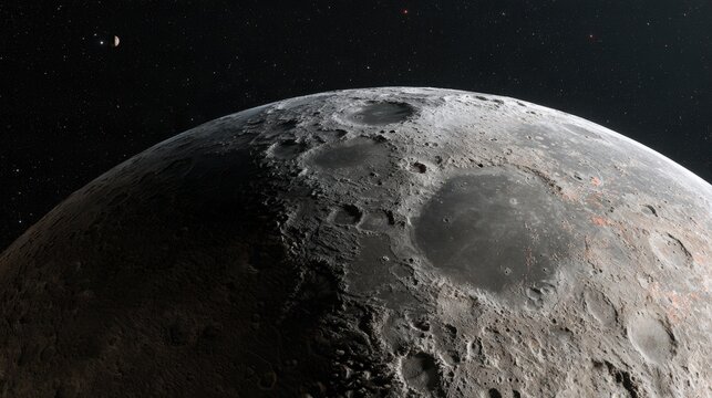 A panoramic view from low orbit of the Moon, highlighting base locations, resource extraction sites, and communication relay positions.