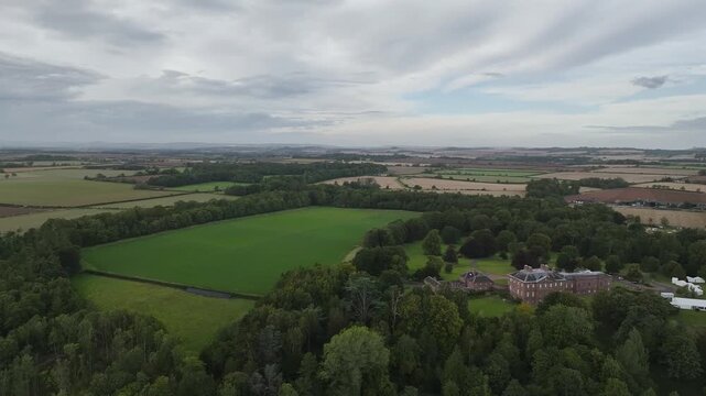 Paxton House over River Tweed from a drone, Paxton, Berwick-upon-Tweed, Berwickshire, Scotland, UK