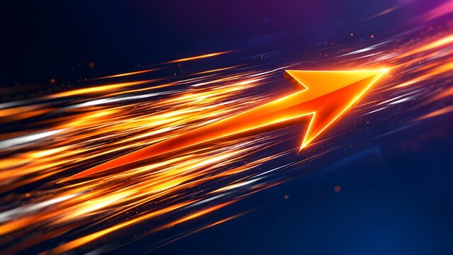 High speed glowing metallic arrow shooting forward with dynamic light trails symbolizing rapid business acceleration