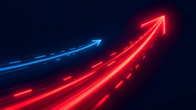 Contrasting red and blue glowing light arrows racing forward in dark space illustrating business competition and high speed progress