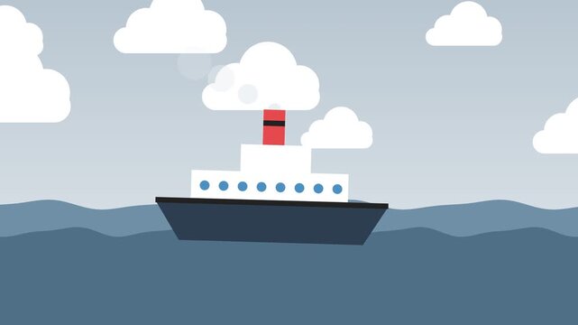 Cartoon Steamship Sailing on Wavy Ocean Under Clouds