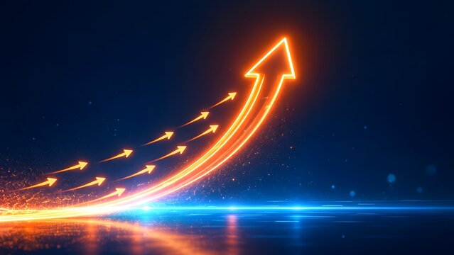 Small glowing arrows merging into a large upward moving arrow symbolizing collective corporate leadership and scalable business growth