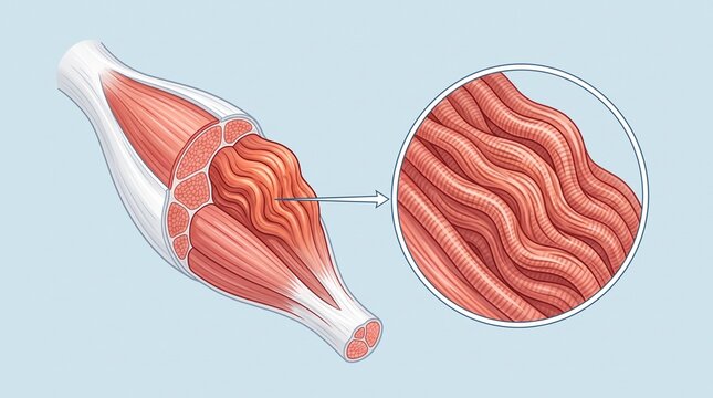 Medical illustration of muscle cramp and spasm showing contracted, distorted muscle fiber bundles with zoomed-in microscopic view for sports medicine and anatomy.   