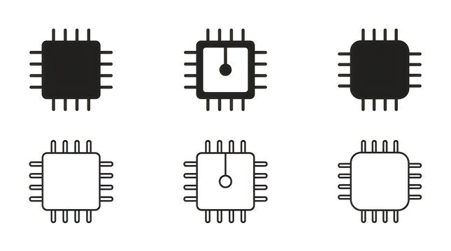 Modern microchip and processor icon set