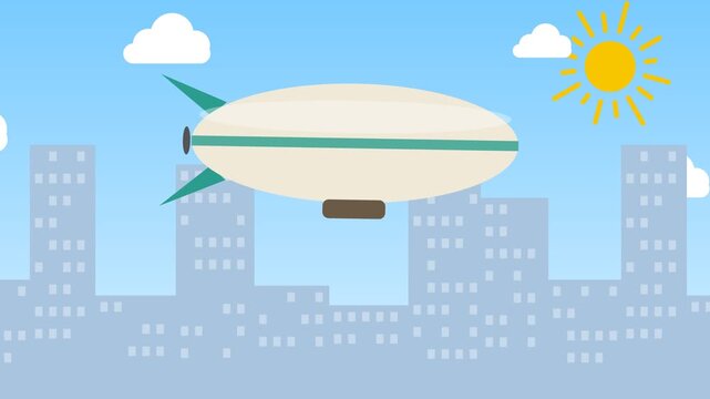 Animated Airship Flying Over Cityscape