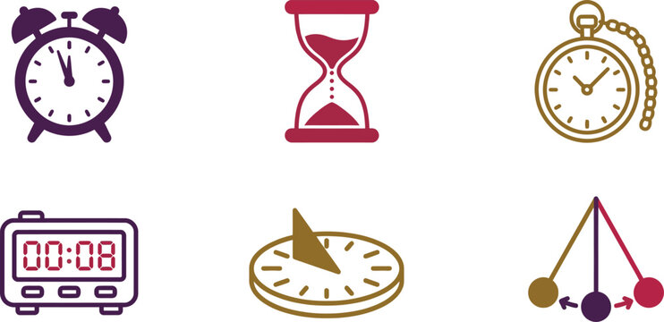 Vintage and modern clock icon set, 6 time measurement vector elements, hourglass and sundial symbols, alarm clock and digital watch graphics