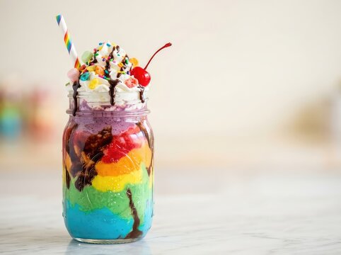 A vibrant layered dessert drink in a glass jar, featuring swirling rainbow colors, sweet toppings, whipped cream, and chocolate sauce drizzle, flavor, dessert concept, chocolate sauce