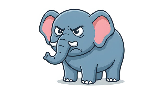 Angry cartoon elephant with a grumpy expression. Funny grey wild animal character showing frustration or madness. Flat vector illustration isolated on white background for playful kids designs.