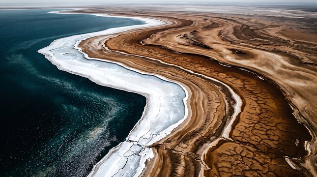 Aerial view of a winding coastline with white salt mineral deposits meeting dark blue water and arid desert landscape